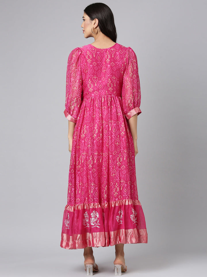 Neerus Magenta Casual Geometric Maxi Dresses