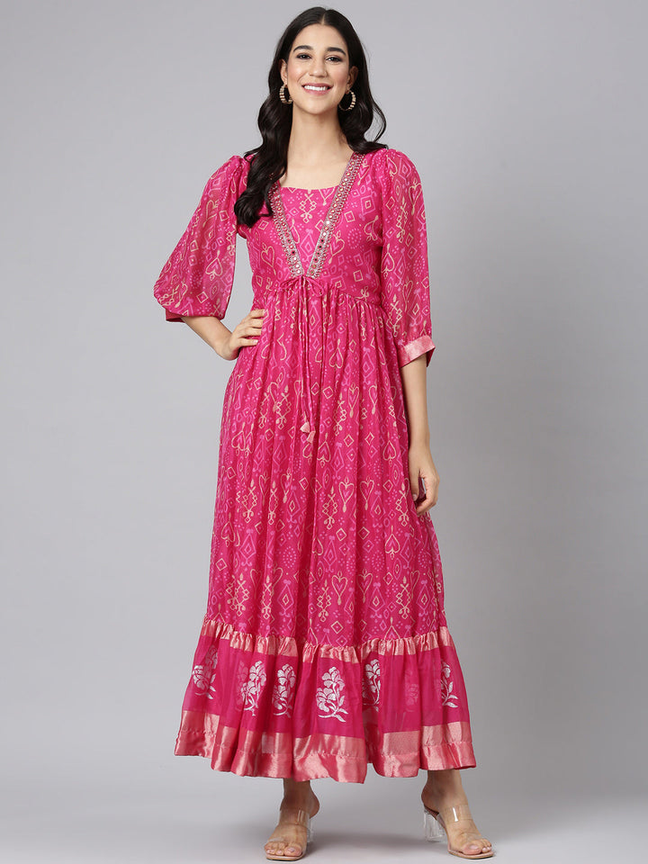 Neerus Magenta Casual Geometric Maxi Dresses