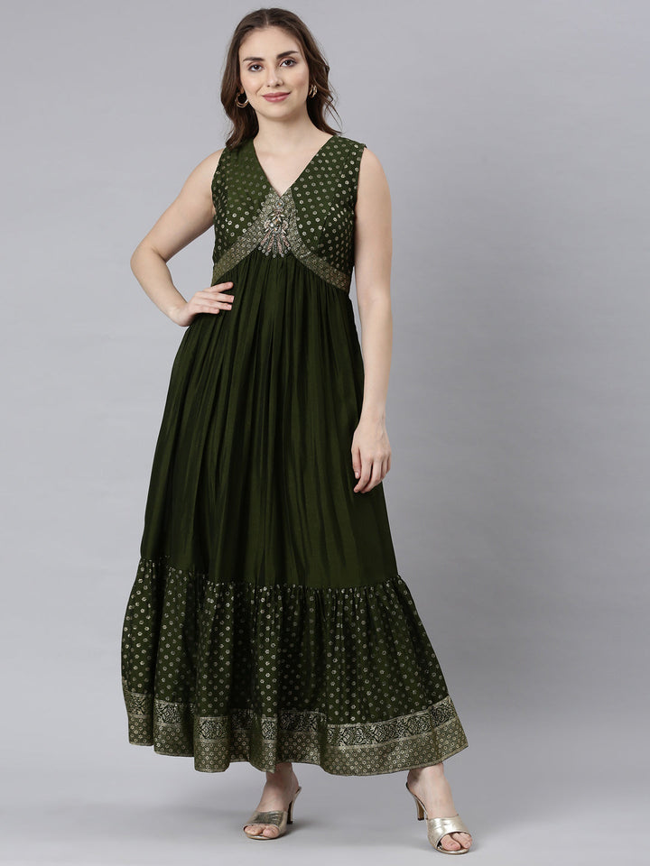 Neerus Green raw silk printed flared maxi dress - front view