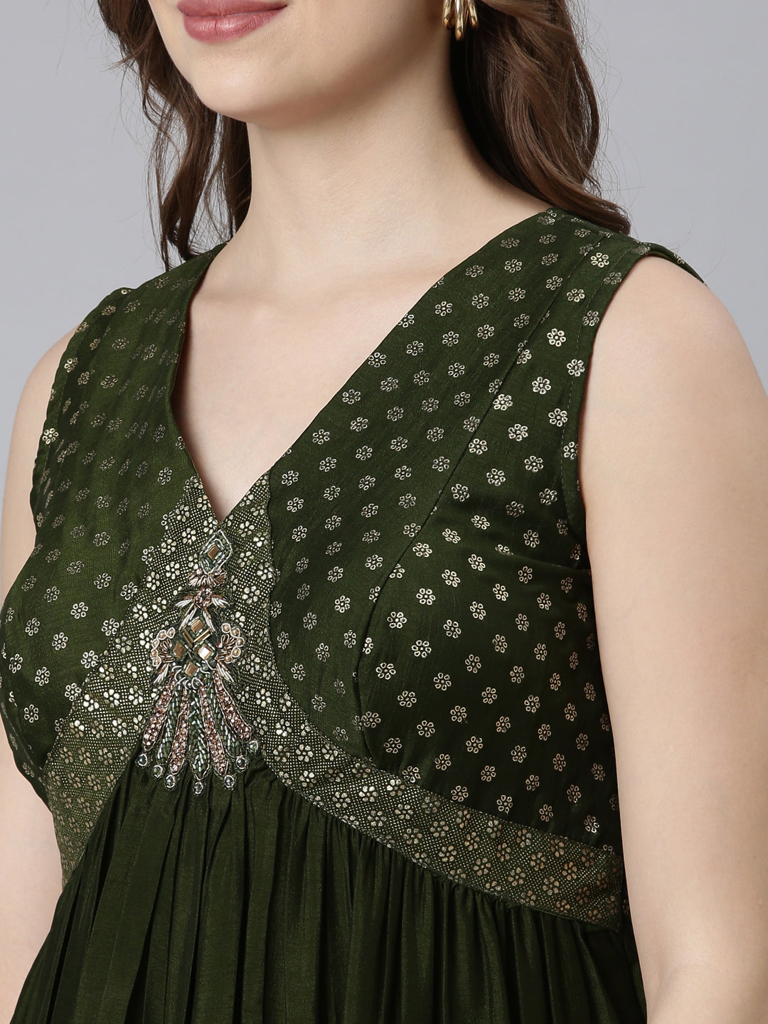 Neerus Green raw silk printed flared maxi dress - back view