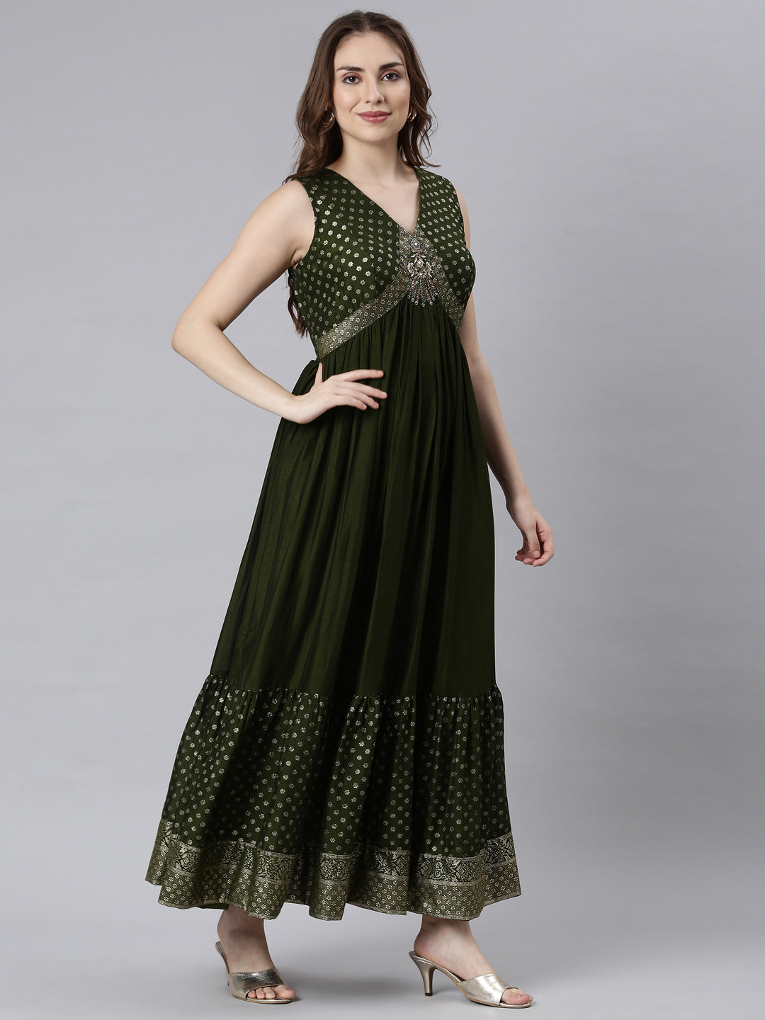Neerus Green raw silk printed flared maxi dress - side view