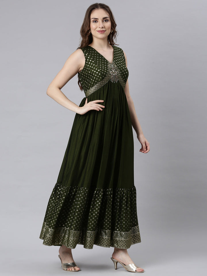 Neerus Green raw silk printed flared maxi dress - side view