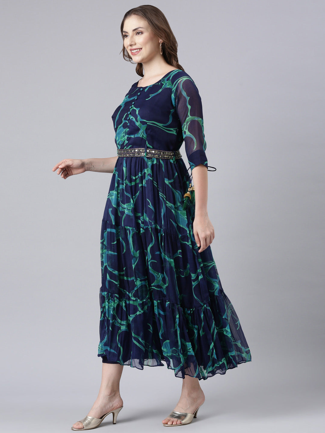 Neerus Blue chiffon printed flared dress - back view