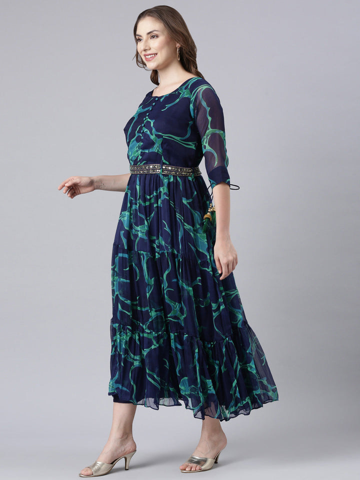 Neerus Blue chiffon printed flared dress - back view
