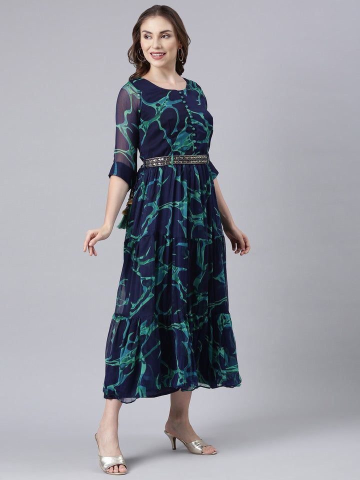 Neerus Blue chiffon printed flared dress - side view
