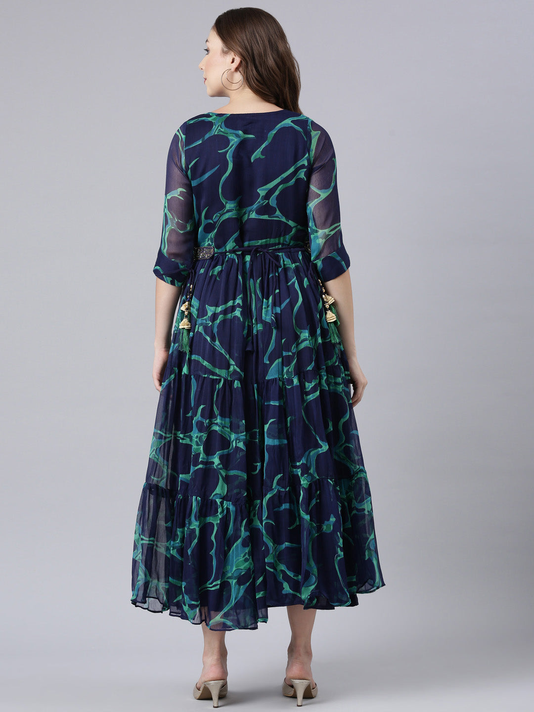 Neerus Blue chiffon printed flared dress - detail view 1