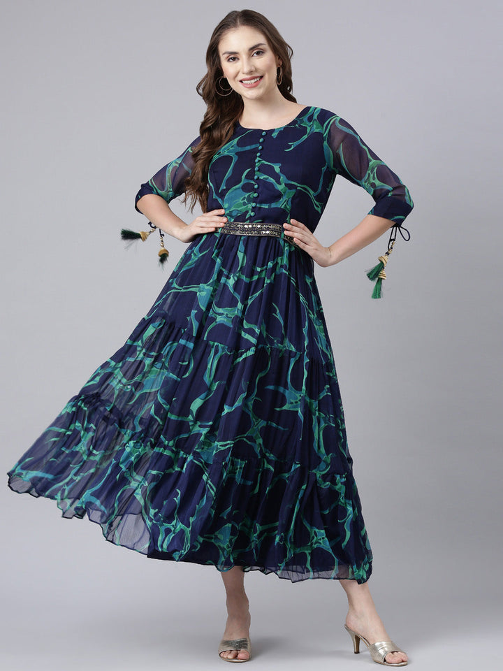 Neerus Blue chiffon printed flared dress - detail view 3