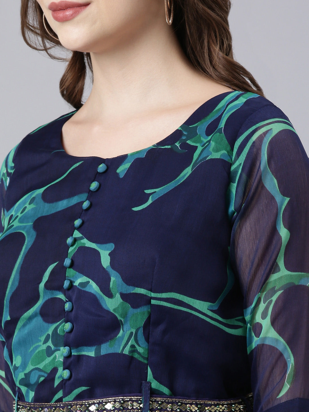 Neerus Blue chiffon printed flared dress - detail view 2