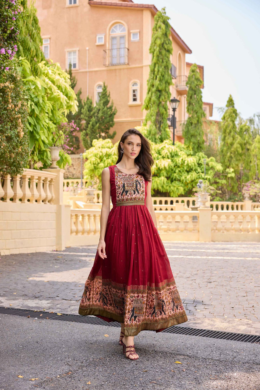 Neerus Maroon polyester solid maxi dress - back view