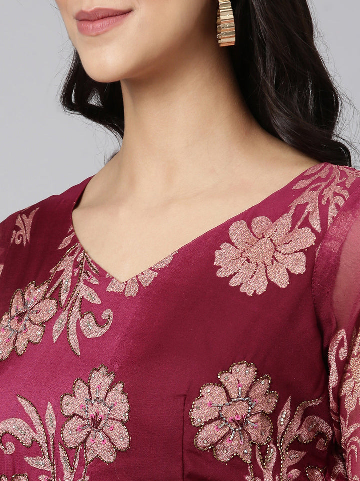 Neerus Wine Casual Floral Maxi Dresses