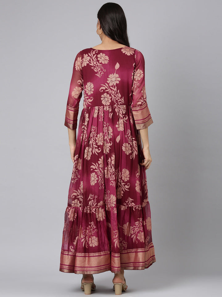 Neerus Wine Casual Floral Maxi Dresses