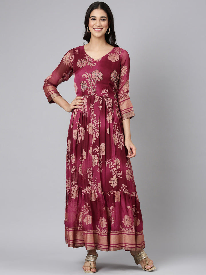 Neerus Wine Casual Floral Maxi Dresses