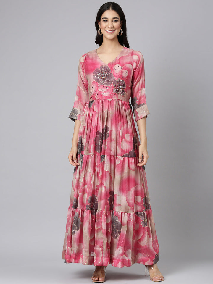 Neerus Pink silk printed maxi dress - front view