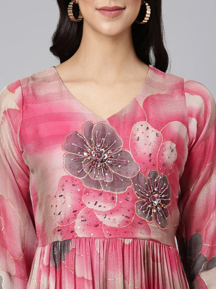 Neerus Pink silk printed maxi dress - detail view 1