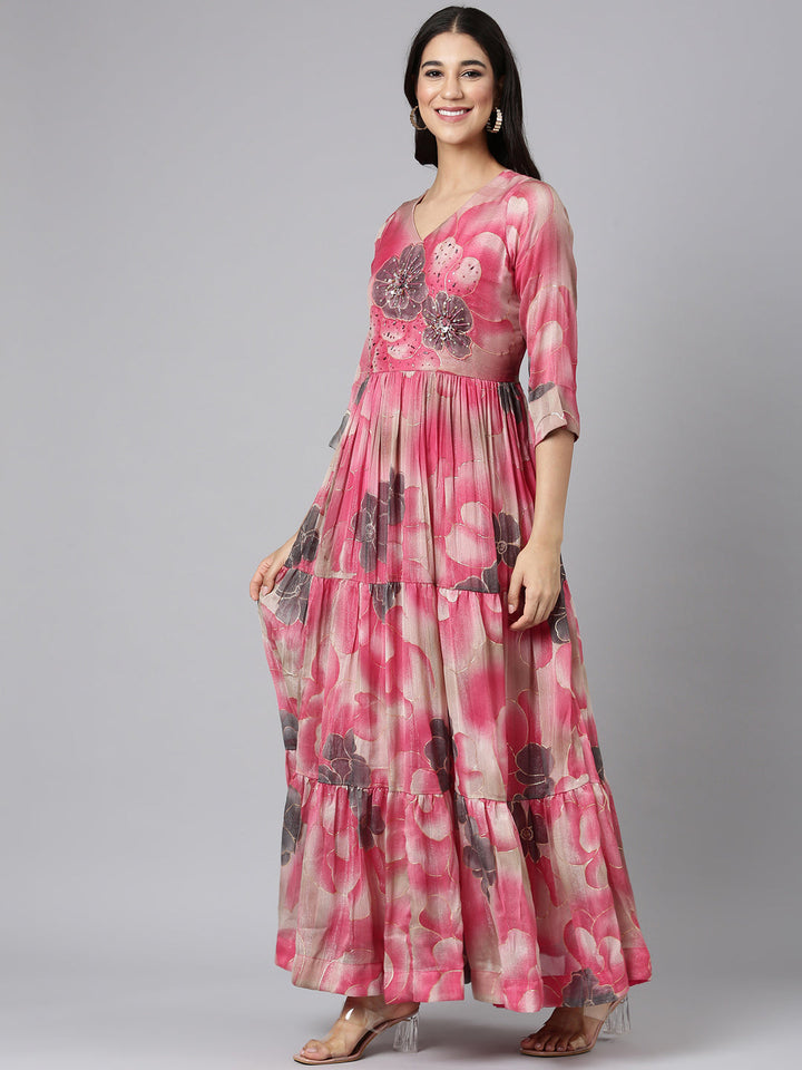 Neerus Pink silk printed maxi dress - back view