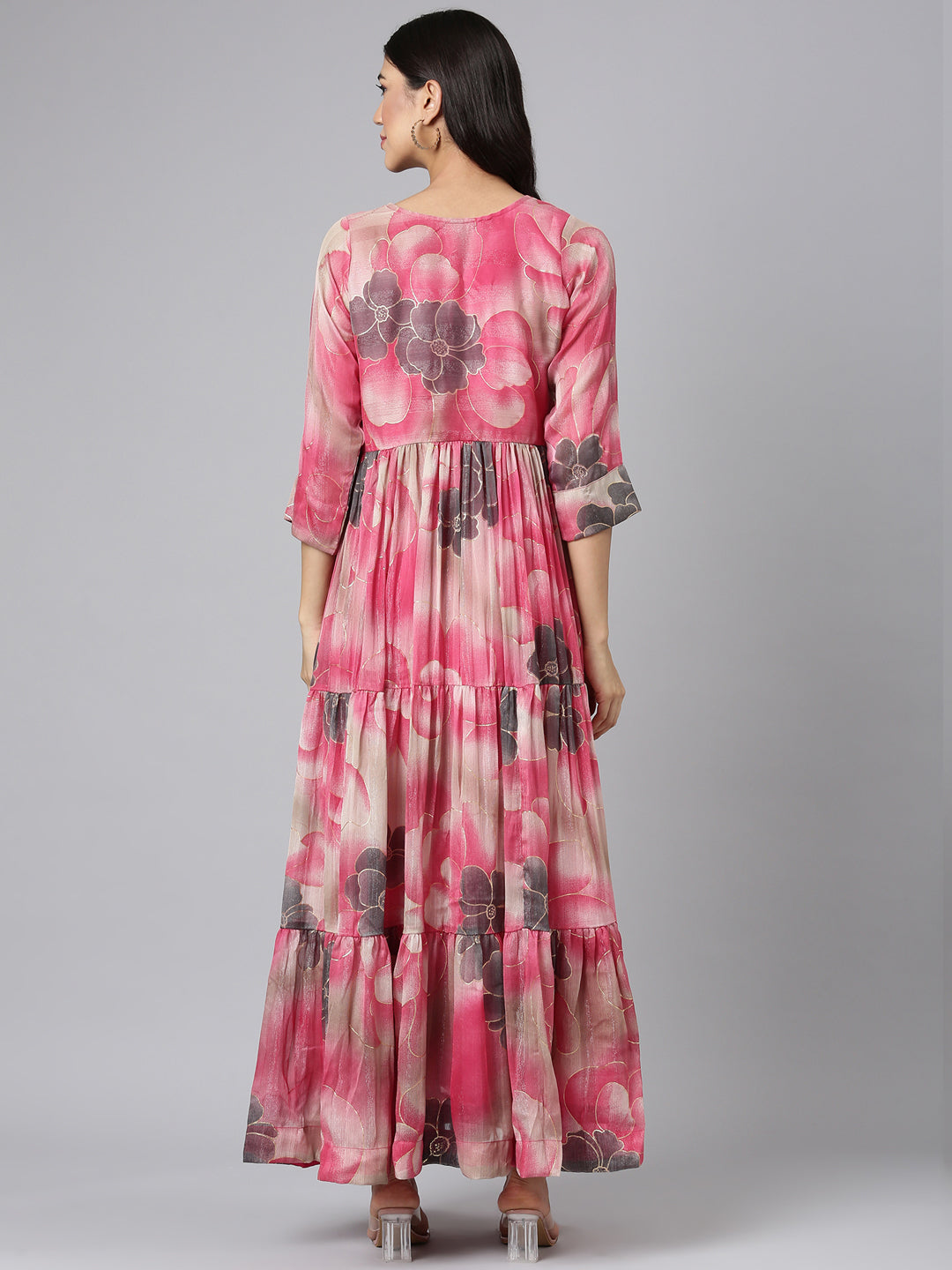 Neerus Pink silk printed maxi dress - side view