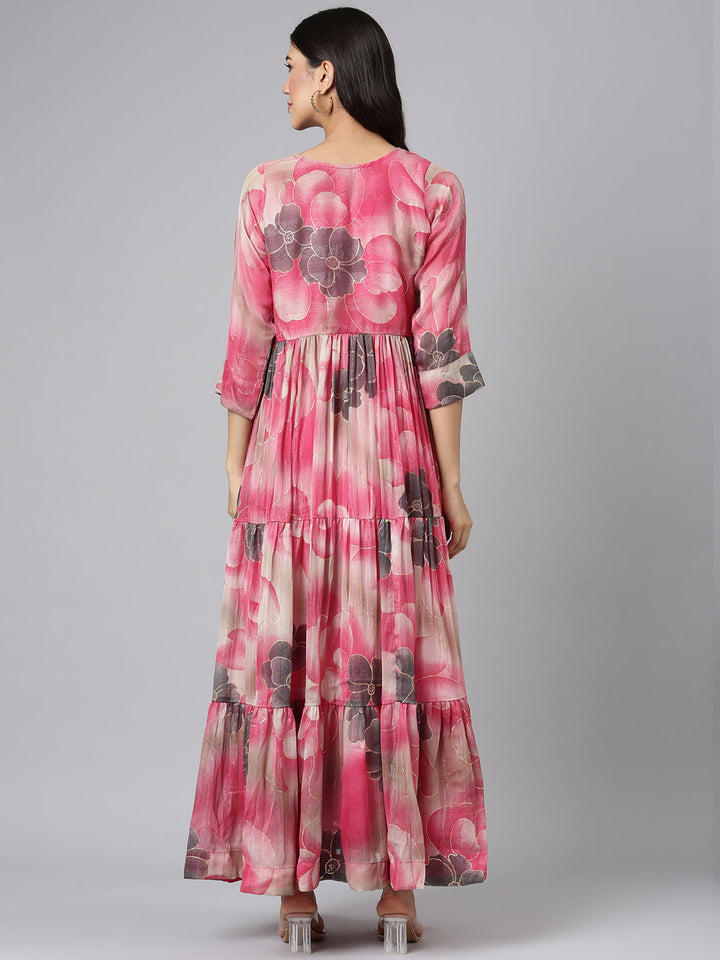 Neerus Pink silk printed maxi dress - side view