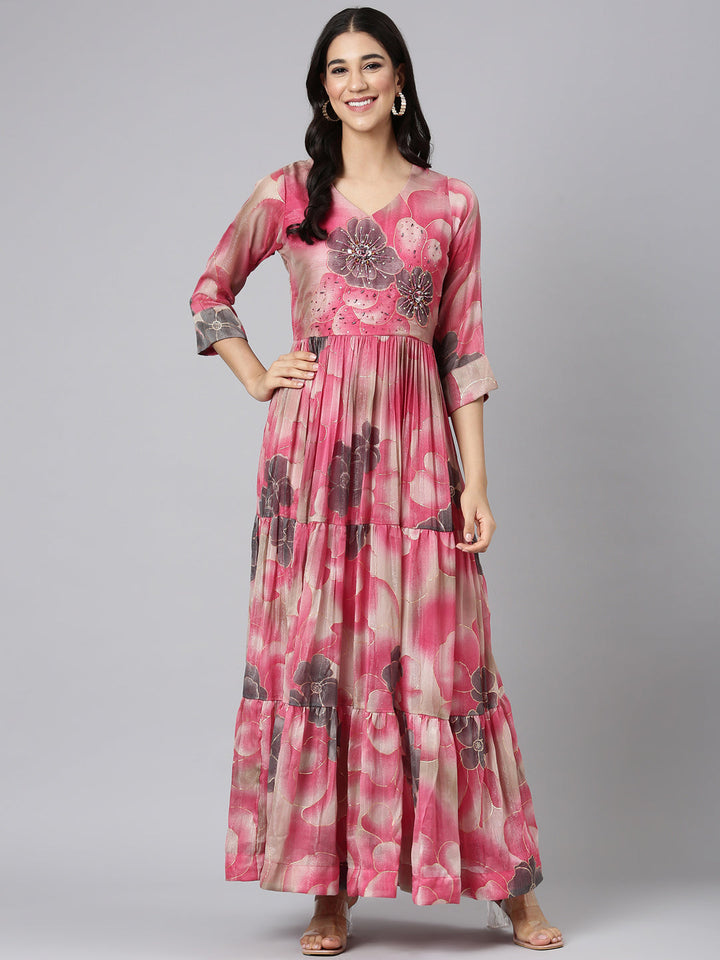 Neerus Pink silk printed maxi dress - detail view 2
