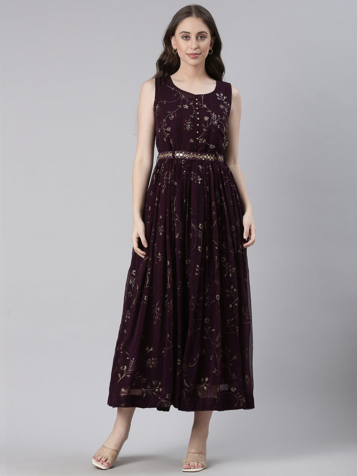 Neerus Brown Casual Floral Maxi Dresses