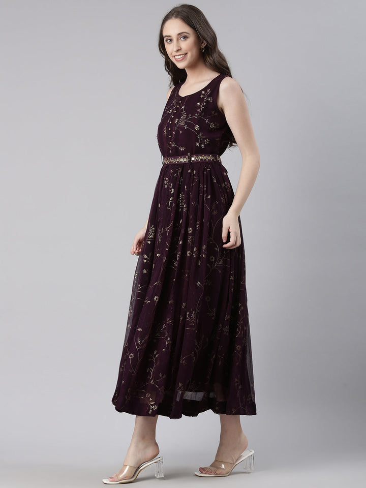 Neerus Brown Casual Floral Maxi Dresses