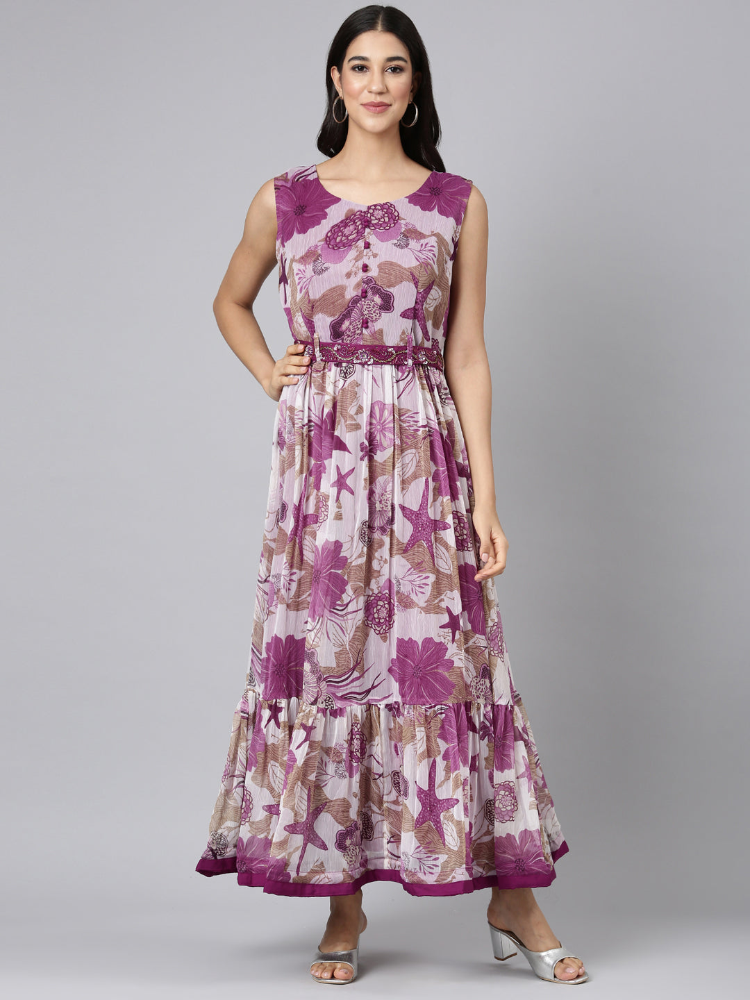 Neerus Purple georgette printed maxi dress - detail view 2