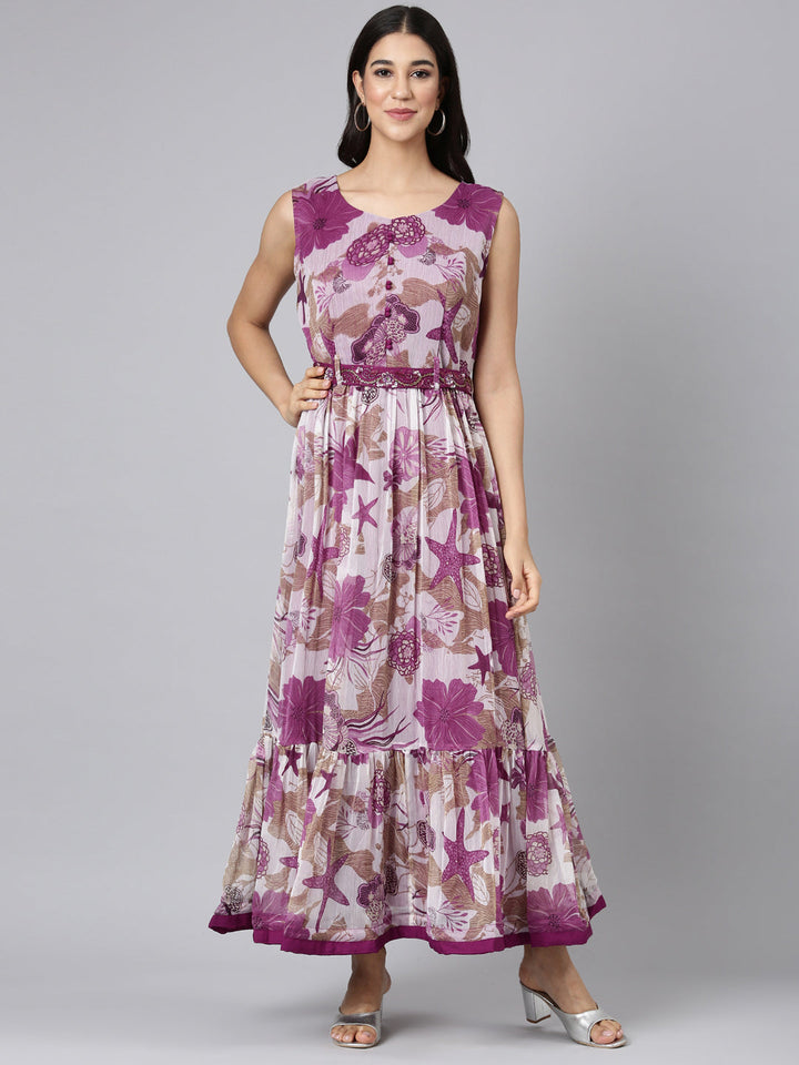 Neerus Purple georgette printed maxi dress - detail view 2