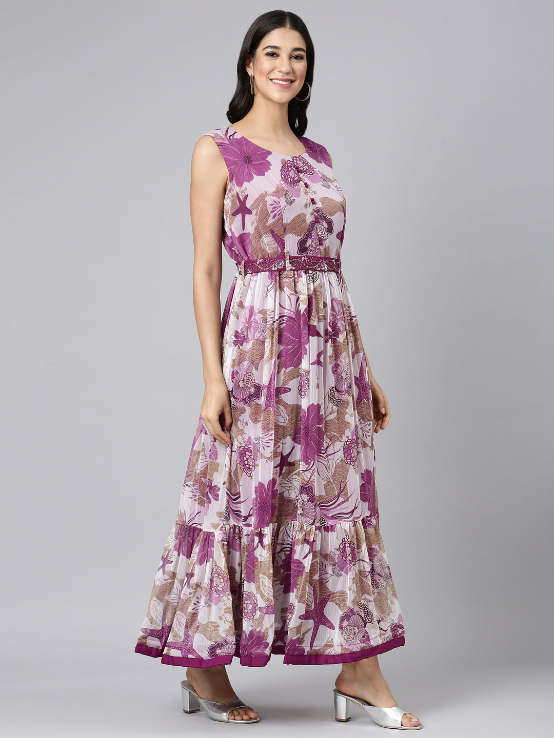 Neerus Purple georgette printed maxi dress - back view