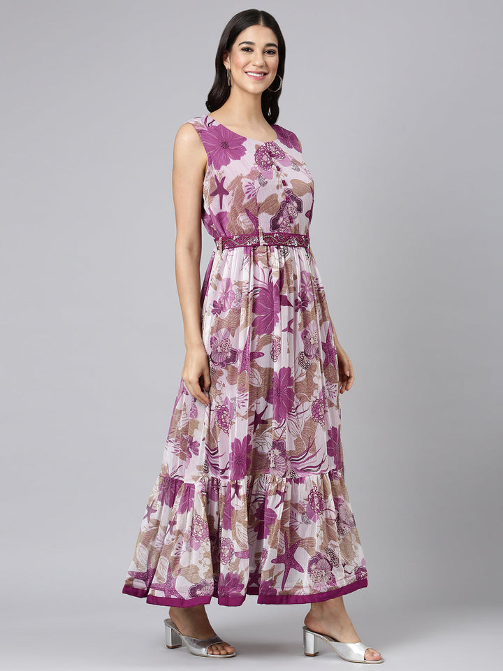 Neerus Purple georgette printed maxi dress - back view