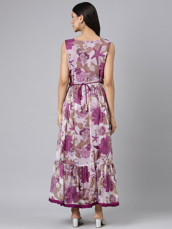 Neerus Purple georgette printed maxi dress - side view