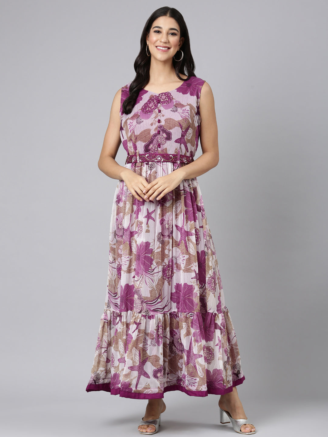 Neerus Purple georgette printed maxi dress - front view