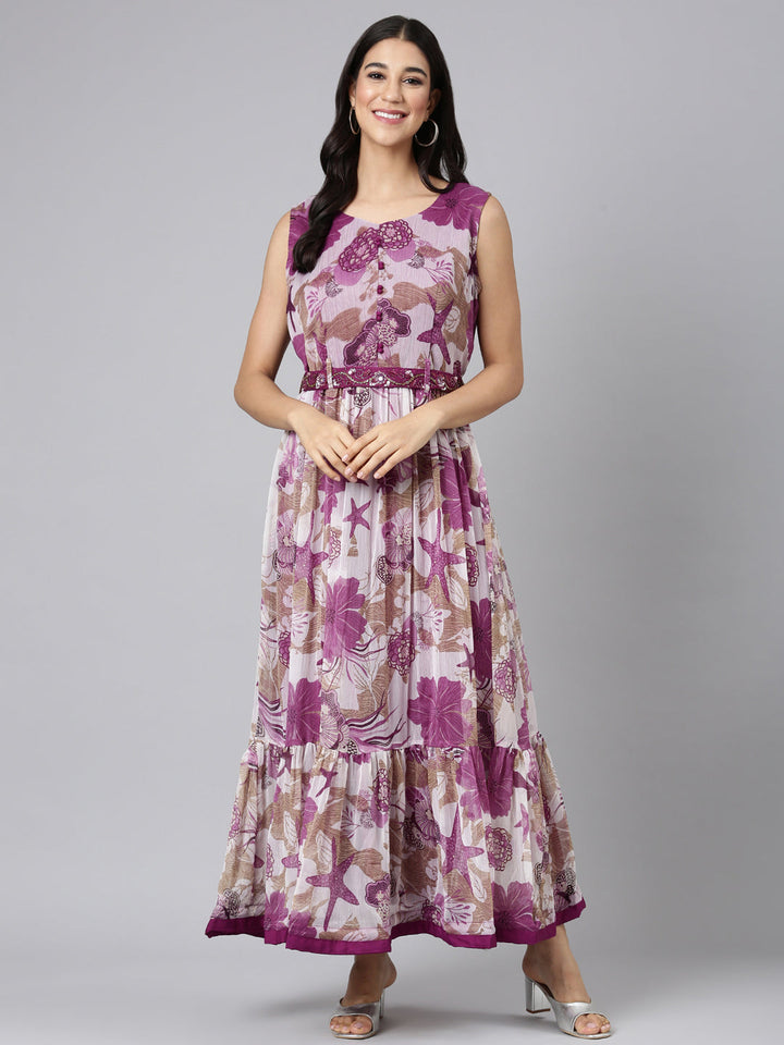 Neerus Purple georgette printed maxi dress - front view