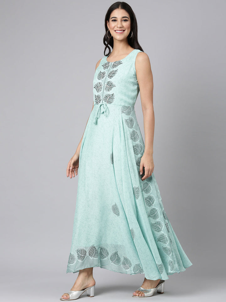 Neerus Sea Green Casual Floral Maxi Dresses