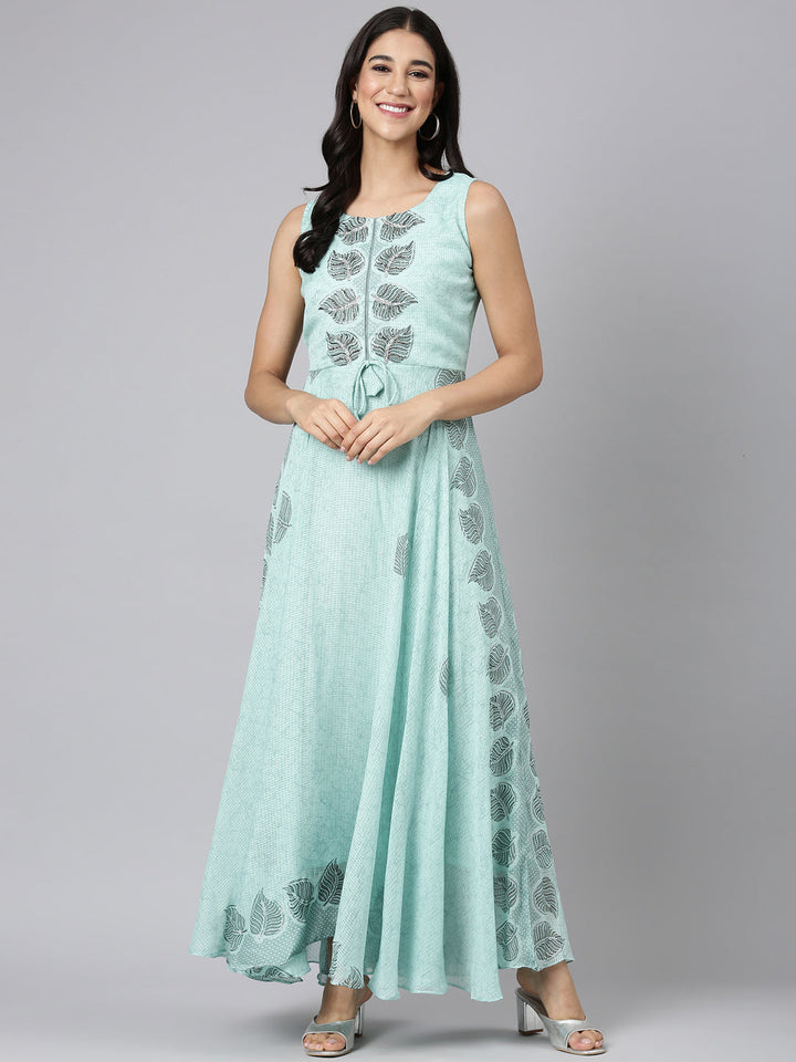 Neerus Sea Green Casual Floral Maxi Dresses