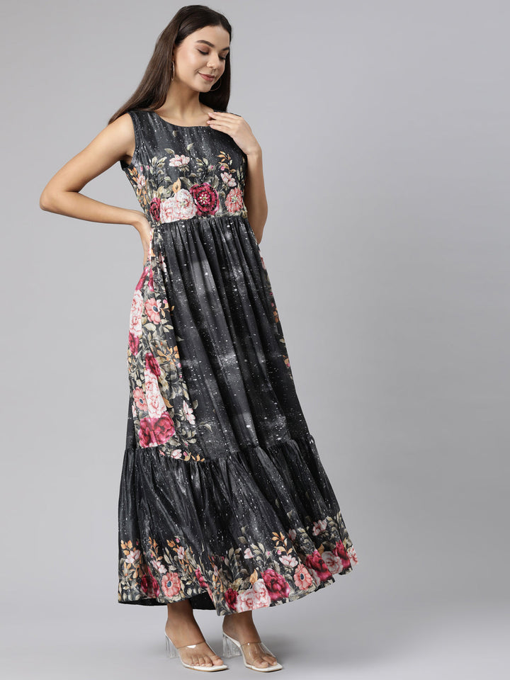 Neerus Black Flared Casual Floral Dresses