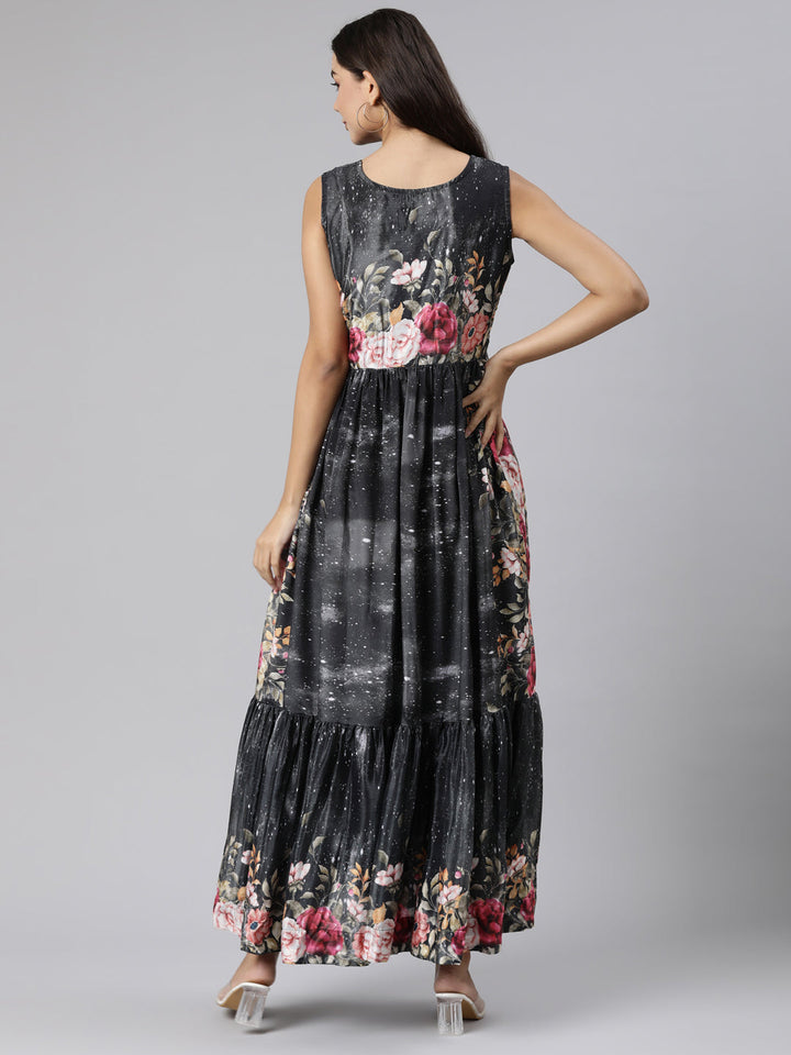Neerus Black Flared Casual Floral Dresses