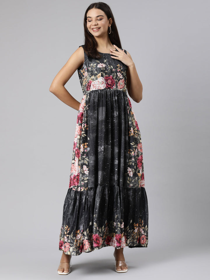 Neerus Black Flared Casual Floral Dresses
