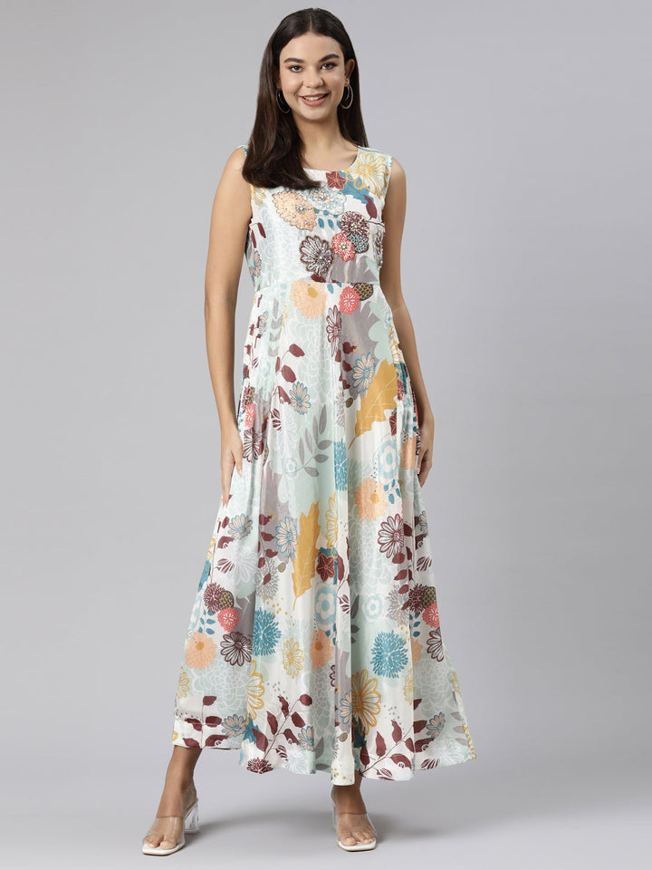 Neerus Green Straight Casual Floral Dresses