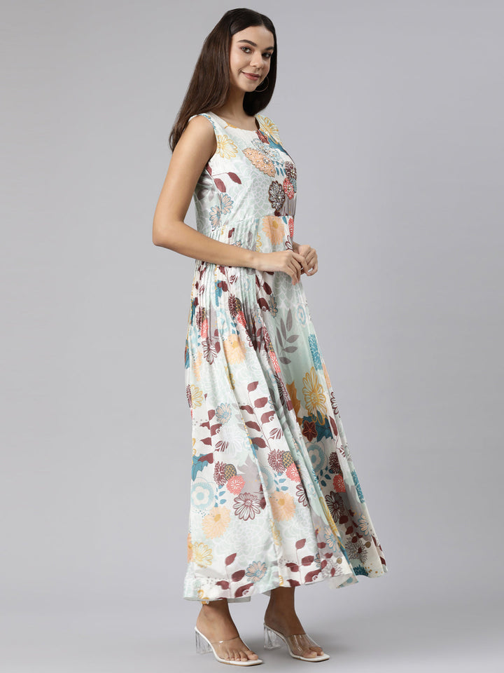 Neerus Green Straight Casual Floral Dresses