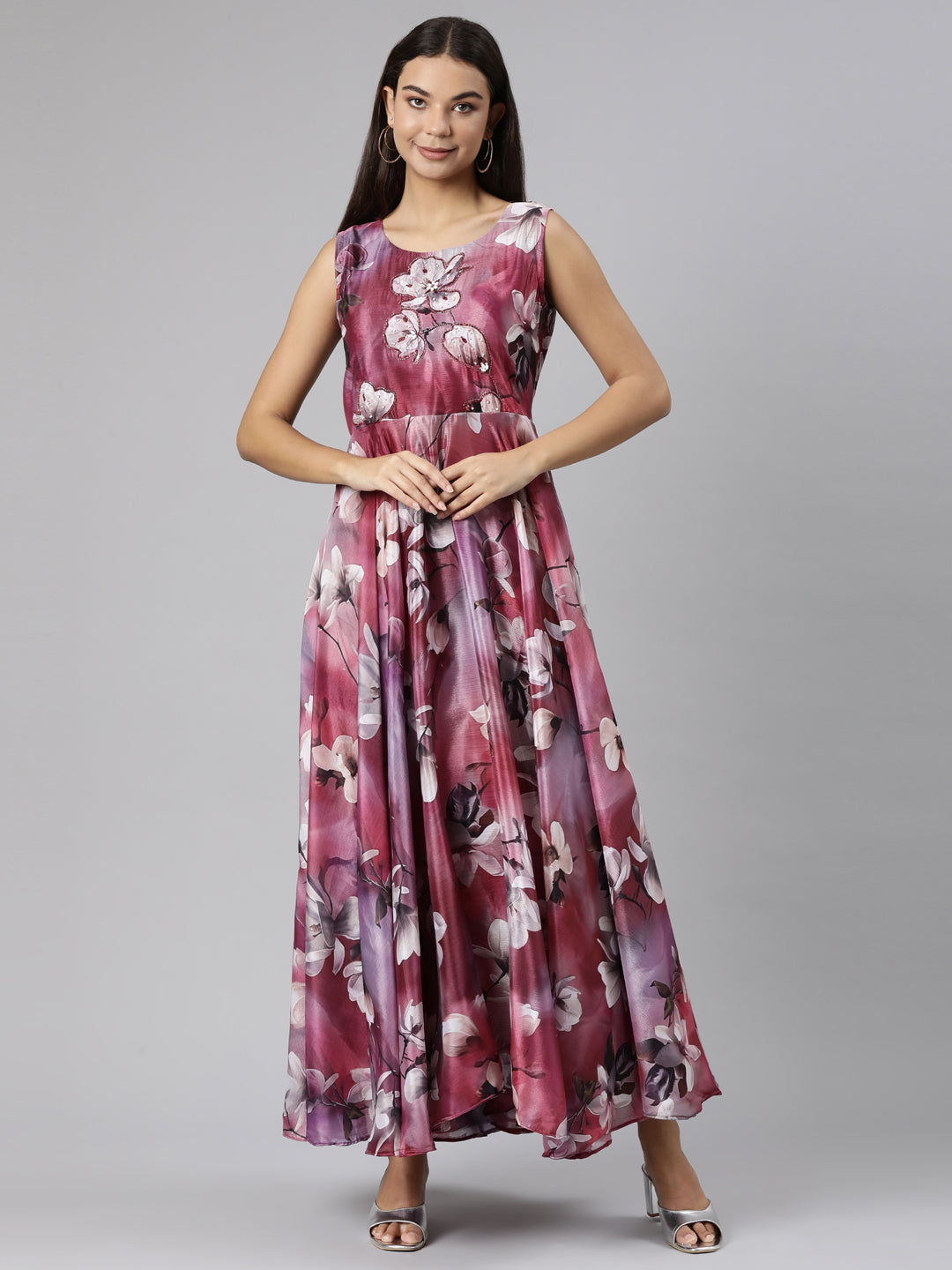 Neerus Pink chinon printed floral flared dress - front view
