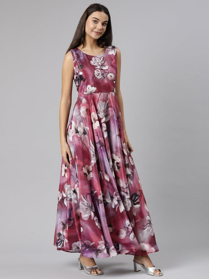 Neerus Pink chinon printed floral flared dress - back view
