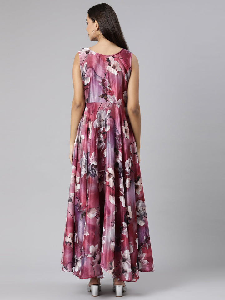 Neerus Pink chinon printed floral flared dress - side view
