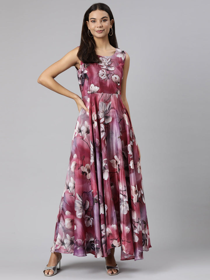 Neerus Pink chinon printed floral flared dress - detail view 2