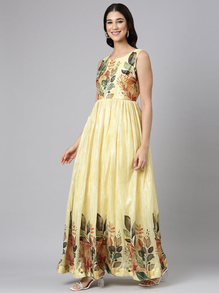 Neerus Lemon Casual Floral Maxi Dresses