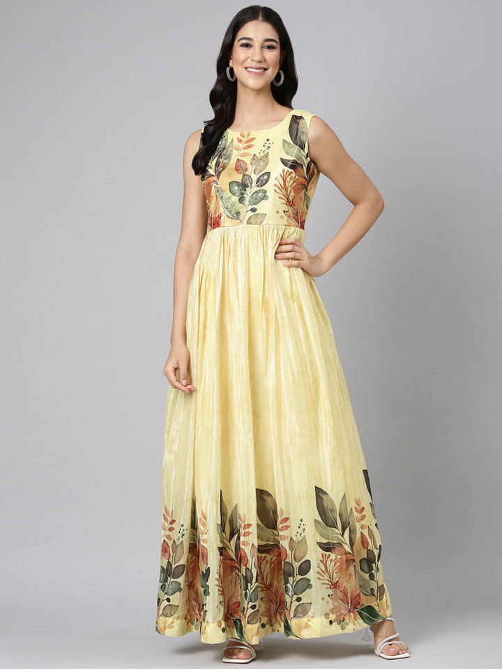 Neerus Lemon Casual Floral Maxi Dresses