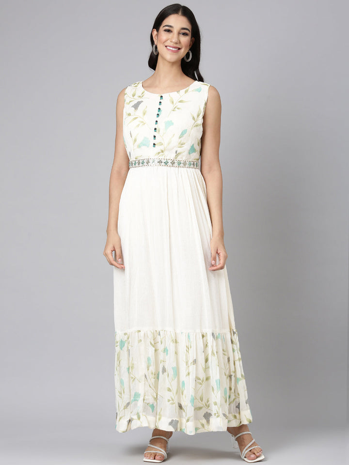 Neerus Cream Casual Floral Maxi Dresses