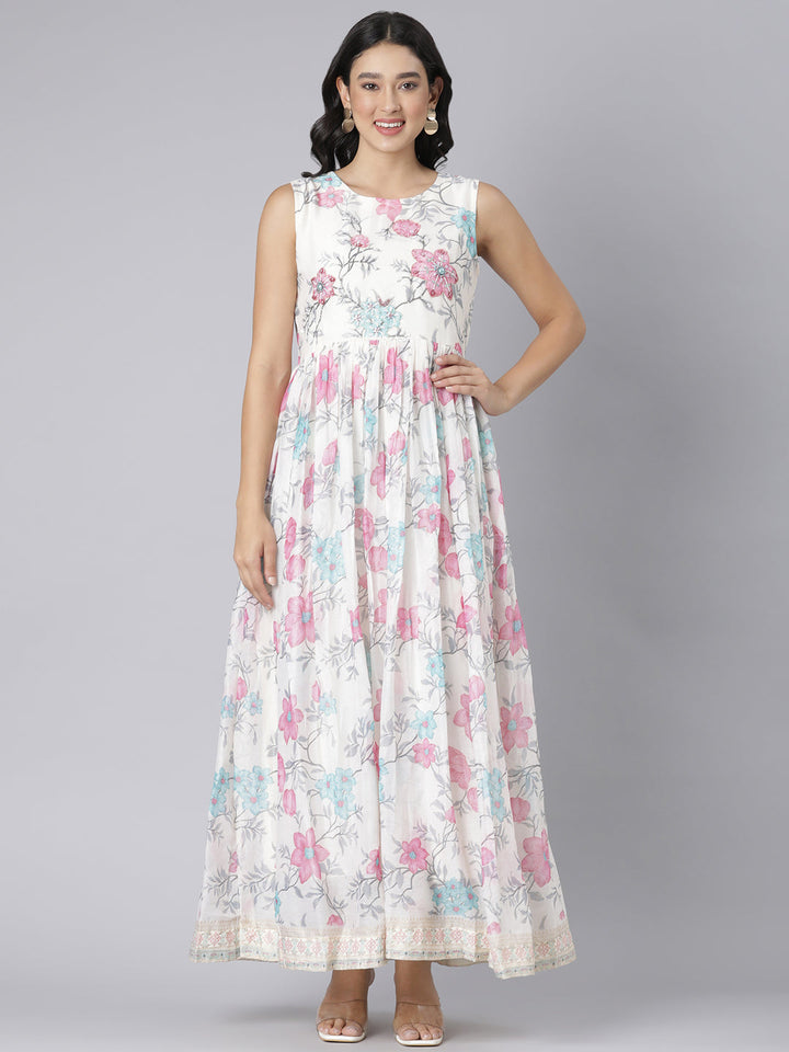 Neerus Beige floral printed maxi dress - front view