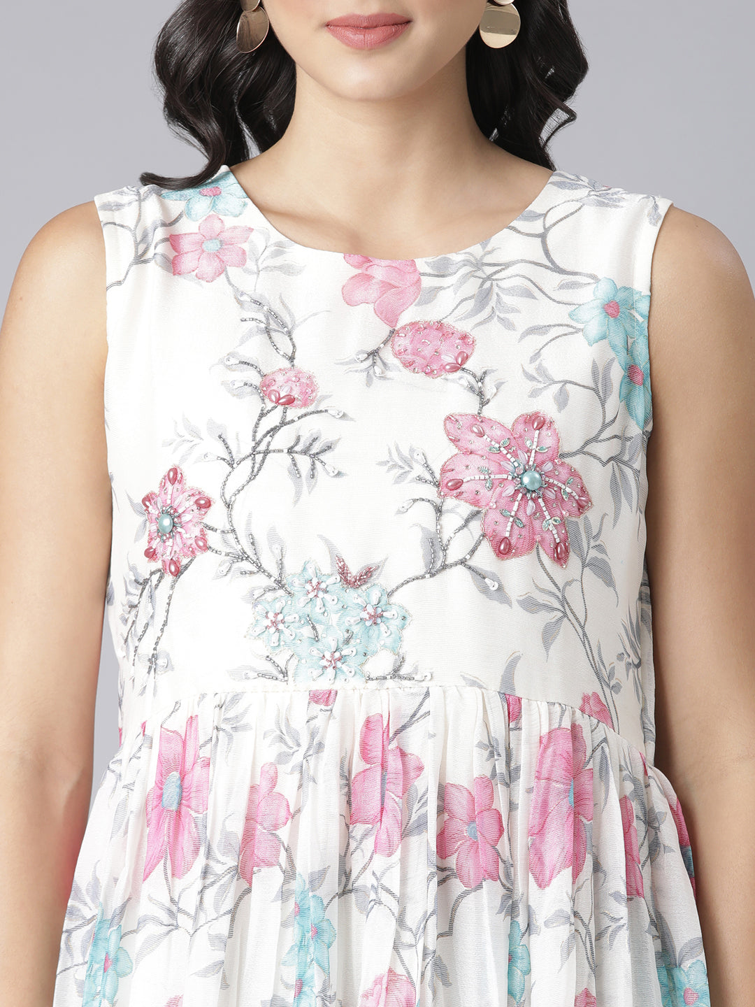 Neerus Beige floral printed maxi dress - detail view 1