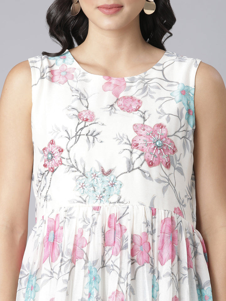 Neerus Beige floral printed maxi dress - detail view 1