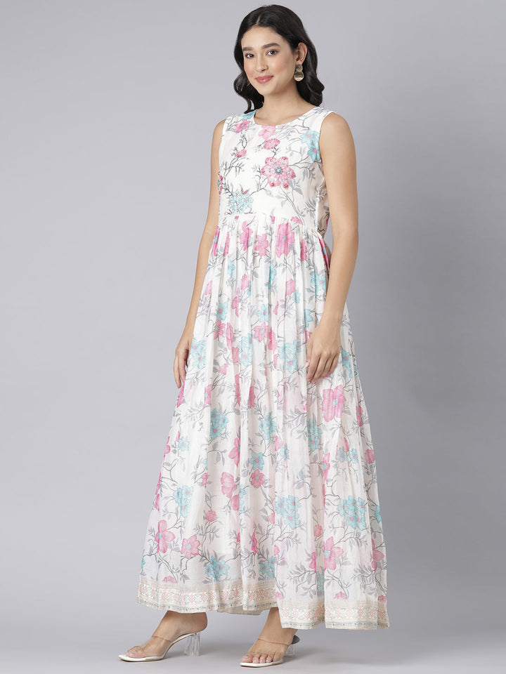 Neerus Beige floral printed maxi dress - back view