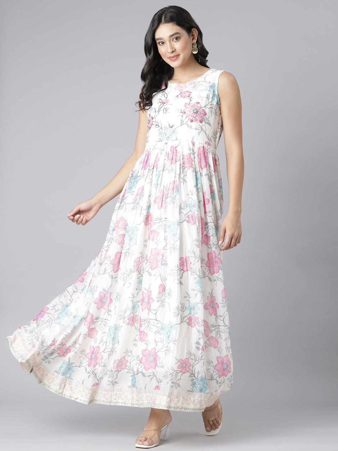 Neerus Beige floral printed maxi dress - detail view 2